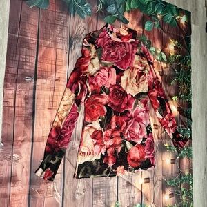 Fashion Nova Floral Rose Print Long Sleeve Top - Red, Pink, Cream, Black